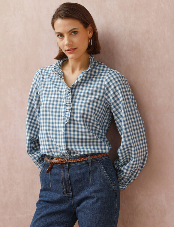 Chemisier col volanté, vichy (bleu / écru) Chemisier col volanté, vichy (bleu / écru)